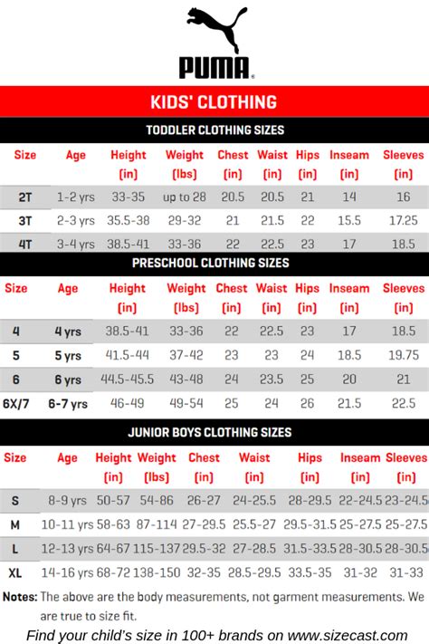 puma toddler size chart